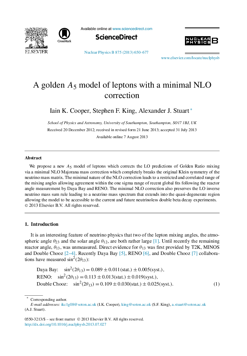 عکس صفحه اول مقاله: A golden A5 model of leptons with a minimal NLO correction A golden A5 model of leptons with a minimal NLO correction