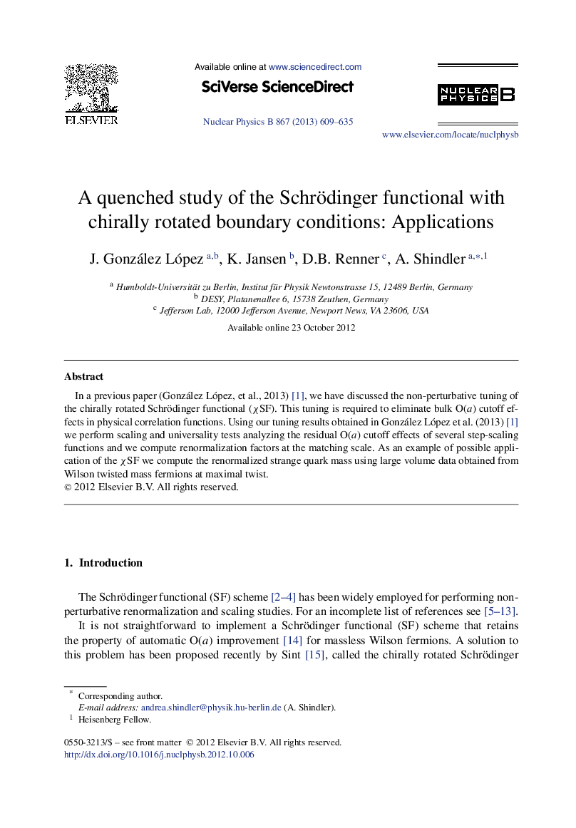 عکس صفحه اول مقاله: A quenched study of the Schrödinger functional with chirally rotated boundary conditions: Applications A quenched study of the Schrödinger functional with chirally rotated boundary conditions: Applications