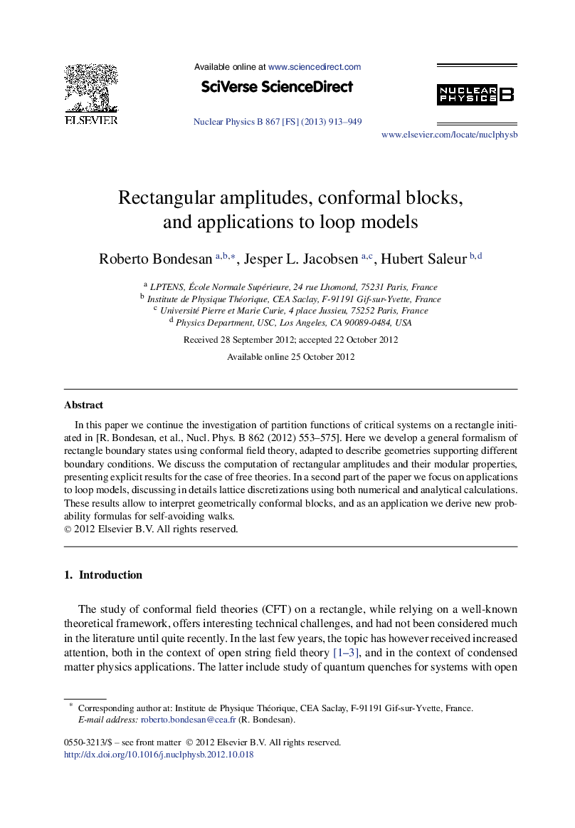 عکس صفحه اول مقاله: Rectangular amplitudes, conformal blocks, and applications to loop models Rectangular amplitudes, conformal blocks, and applications to loop models