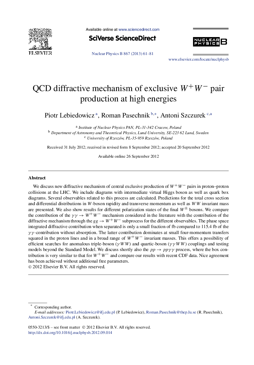 عکس صفحه اول مقاله: QCD diffractive mechanism of exclusive W+Wâ pair production at high energies QCD diffractive mechanism of exclusive W+Wâ pair production at high energies