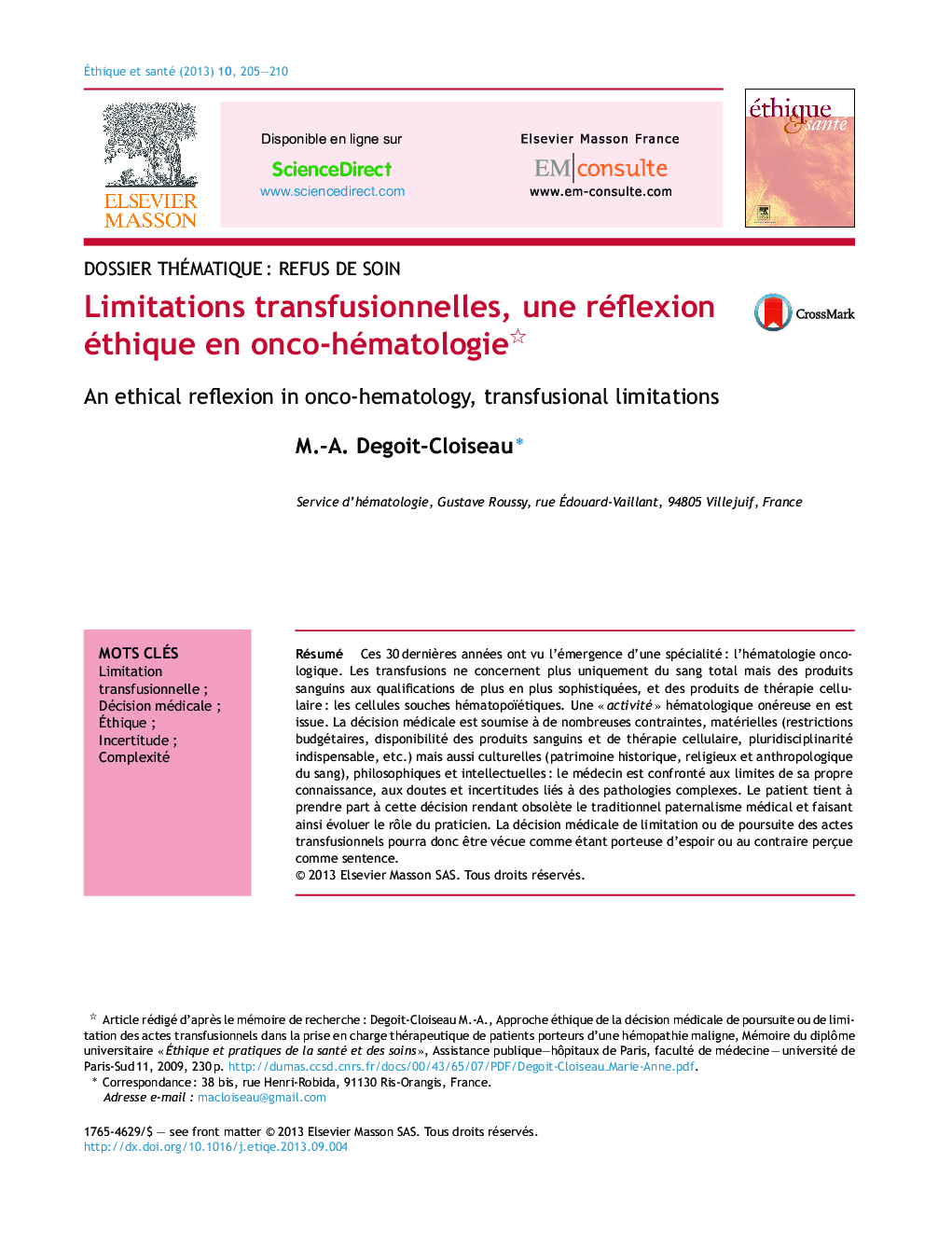 Limitations transfusionnelles, une réflexion éthique en onco-hématologie