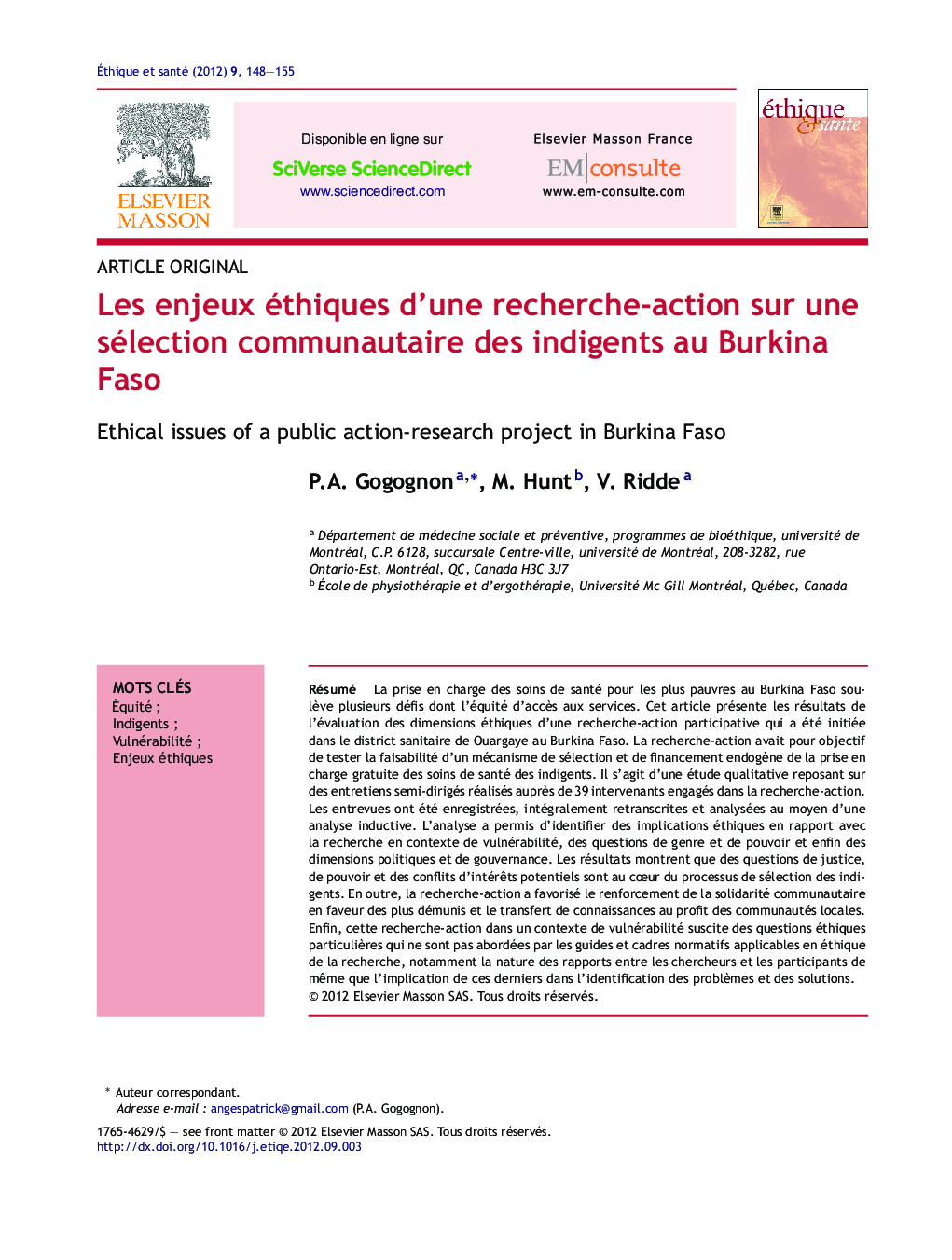 Les enjeux éthiques d'une recherche-action sur une sélection communautaire des indigents au Burkina Faso