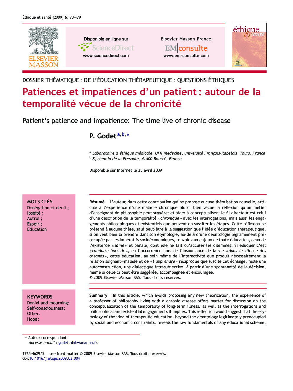 Patiences et impatiences d'un patientÂ : autour de la temporalité vécue de la chronicité