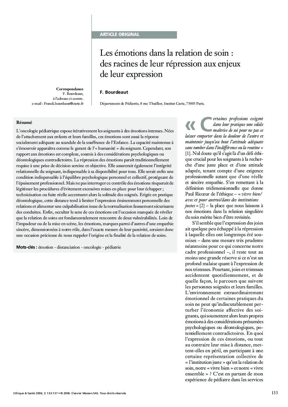 عکس صفحه اول مقاله: Les émotions dans la relation de soin : des racines de leur répression aux enjeux de leur expression Les émotions dans la relation de soin : des racines de leur répression aux enjeux de leur expression