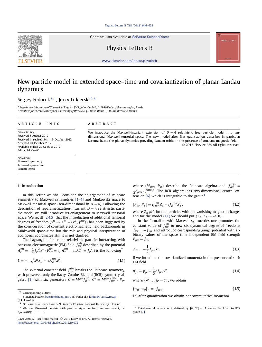 New particle model in extended space-time and covariantization of planar Landau dynamics