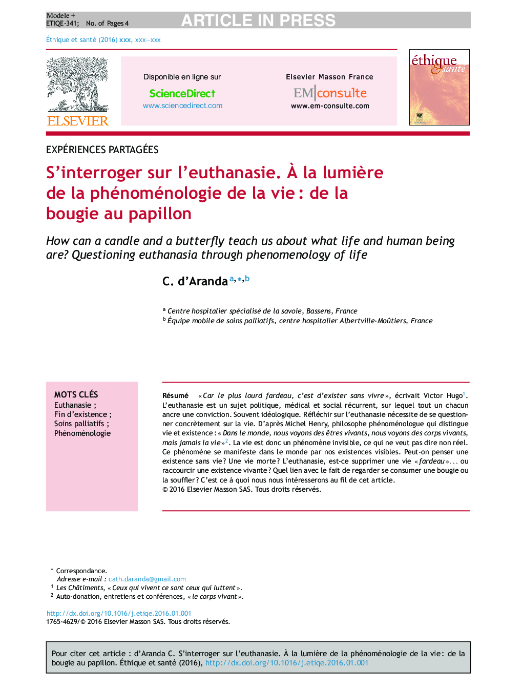 S'interroger sur l'euthanasie. Ã la lumiÃ¨re de la phénoménologie de la vieÂ : de la bougie au papillon