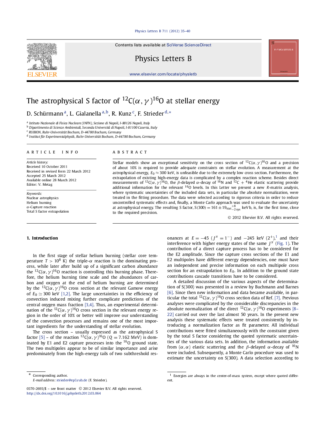 The astrophysical S factor of 12C(Î±,Î³)16O at stellar energy