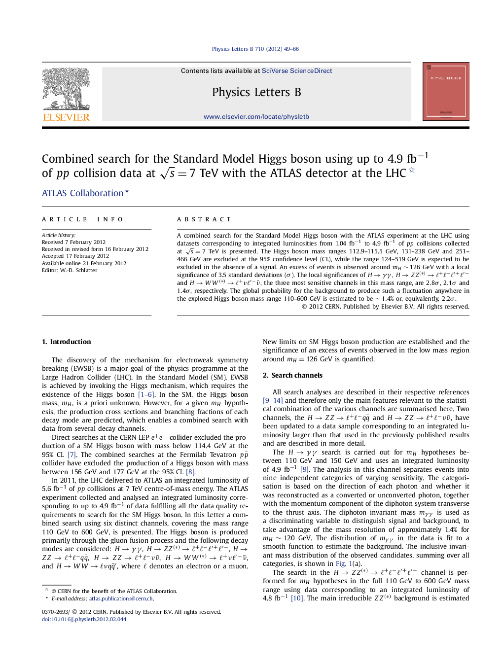 Combined search for the Standard Model Higgs boson using up to 4.9 fbâ1 of pp collision data at s=7TeV with the ATLAS detector at the LHC