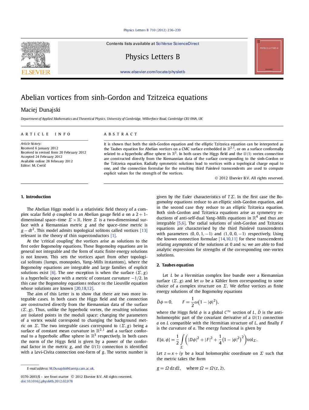 Abelian vortices from sinh-Gordon and Tzitzeica equations