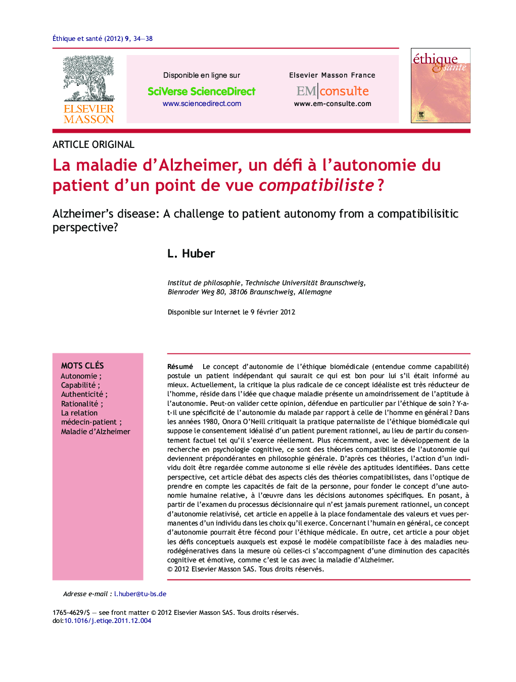 La maladie d'Alzheimer, un défi Ã  l'autonomie du patient d'un point de vue compatibilisteÂ ?