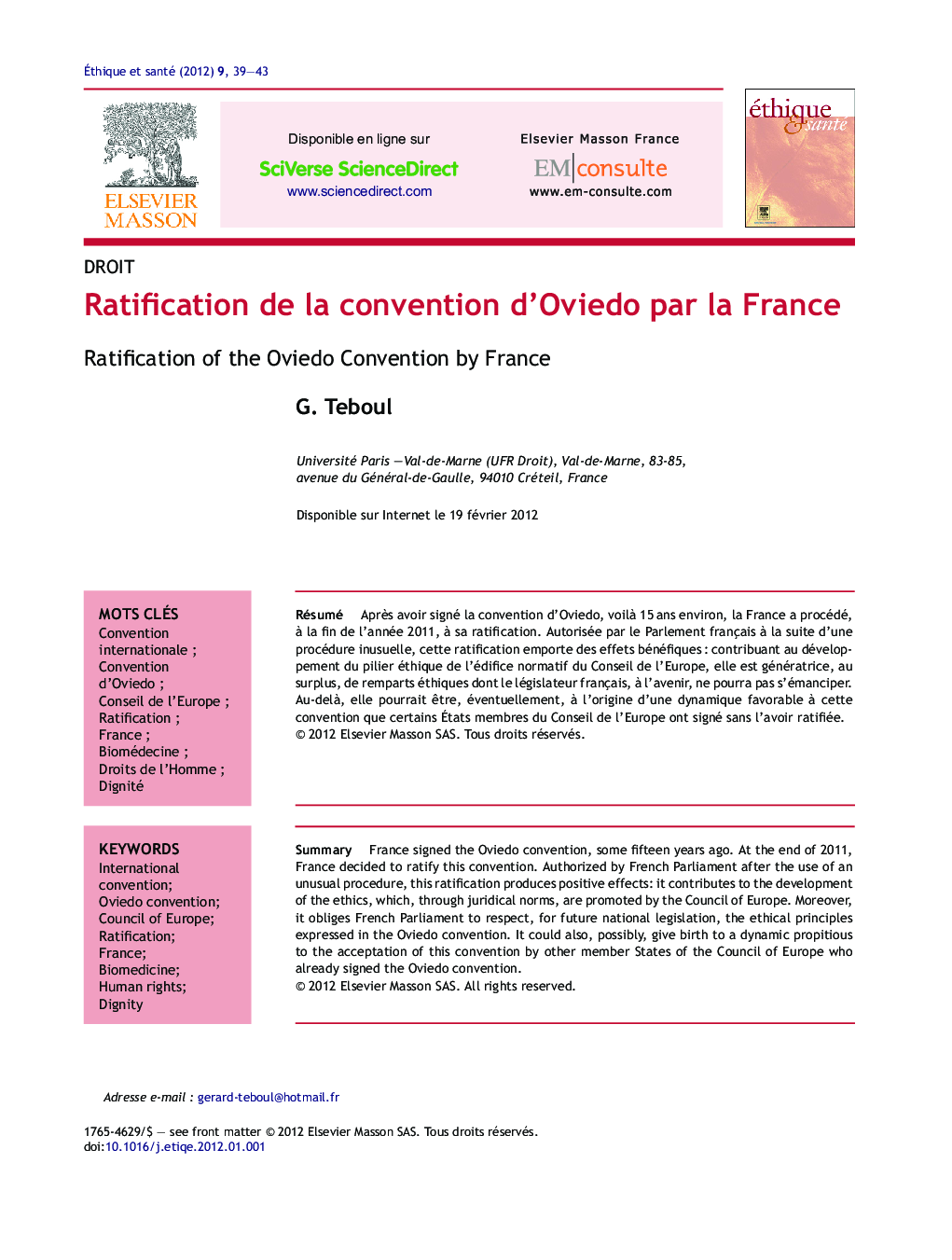 Ratification de la convention d'Oviedo par la France