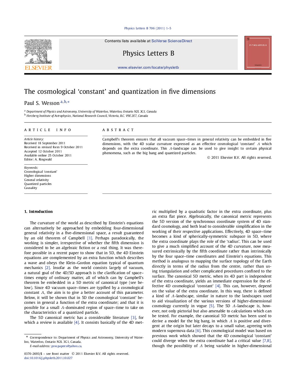 The cosmological 'constant' and quantization in five dimensions