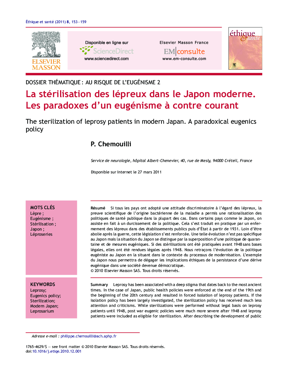 La stérilisation des lépreux dans le Japon moderne. Les paradoxes d'un eugénisme Ã  contre courant