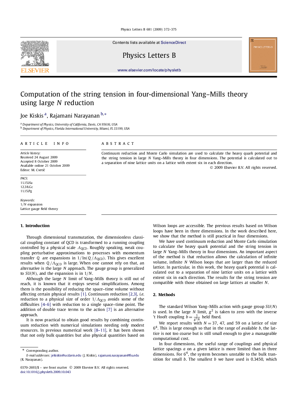 Computation of the string tension in four-dimensional Yang-Mills theory using large N reduction