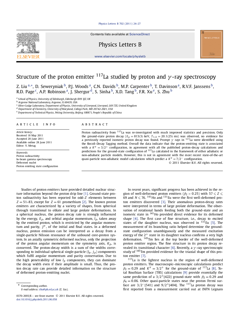 Structure of the proton emitter 117La studied by proton and Î³-ray spectroscopy