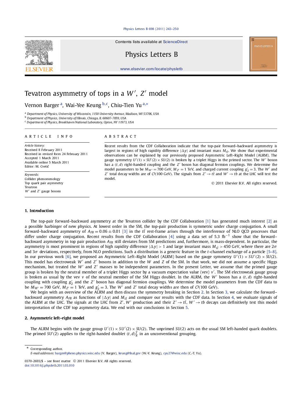 Tevatron asymmetry of tops in a Wâ², Zâ² model