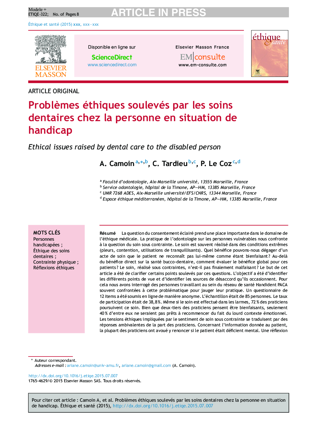 ProblÃ¨mes éthiques soulevés par les soins dentaires chez la personne en situation de handicap