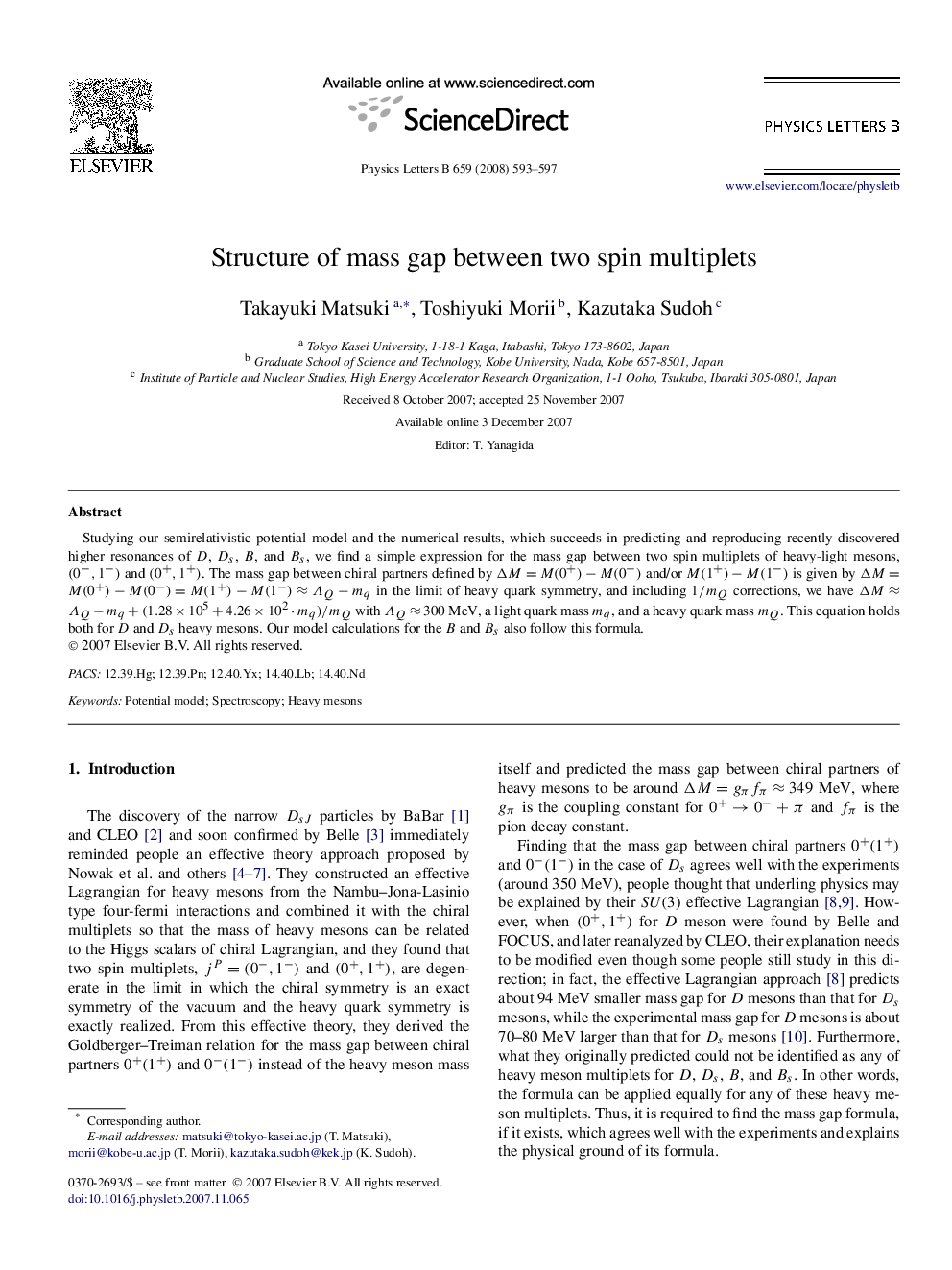 Structure of mass gap between two spin multiplets