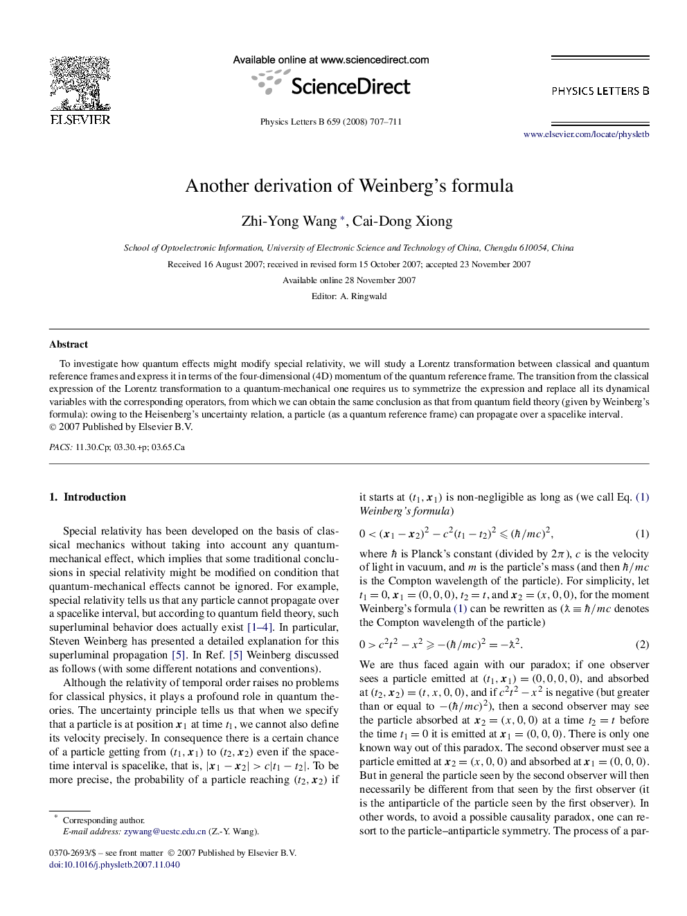 Another derivation of Weinberg's formula