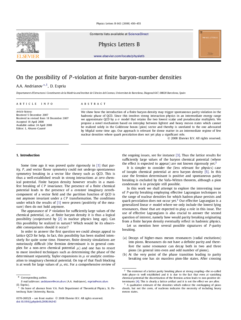 On the possibility of P-violation at finite baryon-number densities