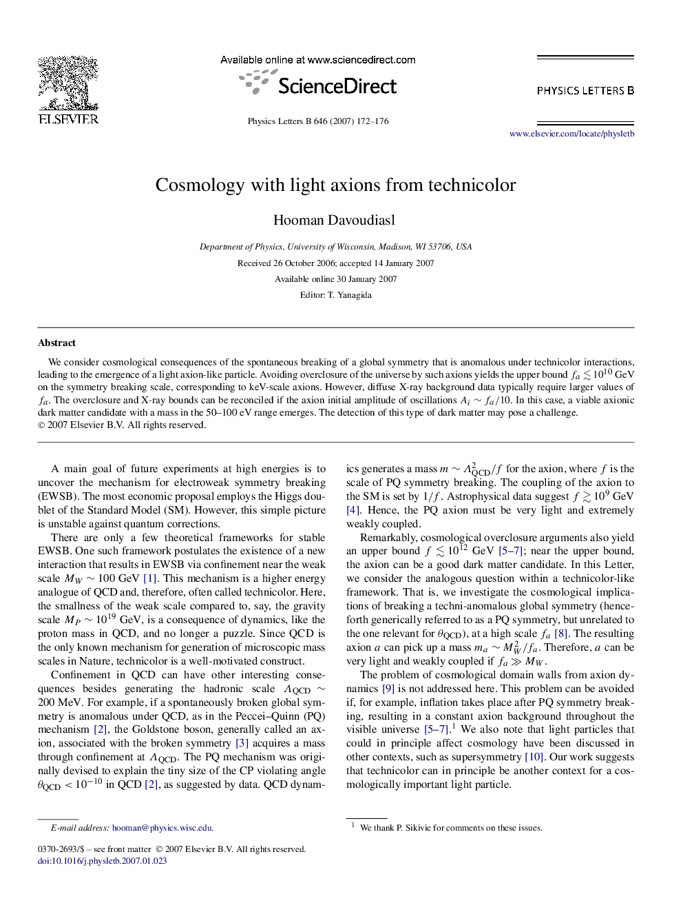 Cosmology with light axions from technicolor