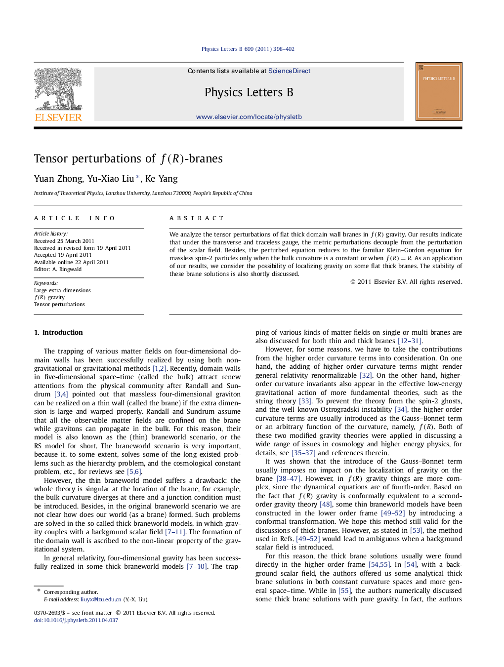 Tensor perturbations of f(R)-branes