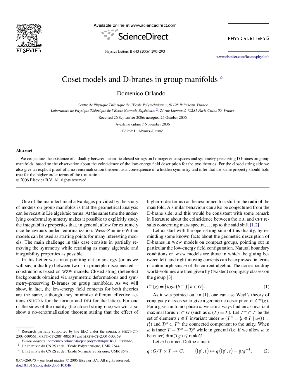 عکس صفحه اول مقاله: Coset models and D-branes in group manifolds Coset models and D-branes in group manifolds