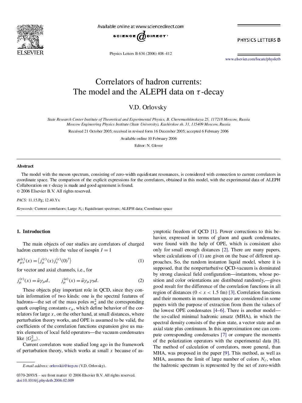 Correlators of hadron currents: The model and the ALEPH data on Ï-decay