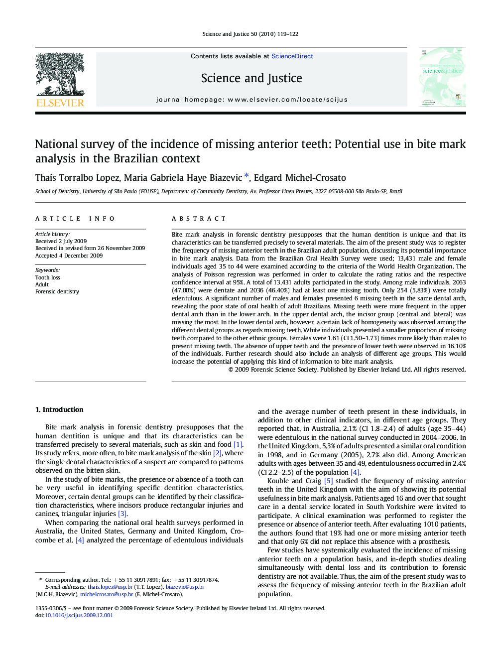 National survey of the incidence of missing anterior teeth: Potential use in bite mark analysis in the Brazilian context