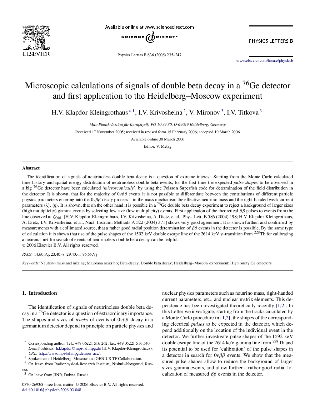 Microscopic calculations of signals of double beta decay in a 76Ge detector and first application to the Heidelberg-Moscow experiment