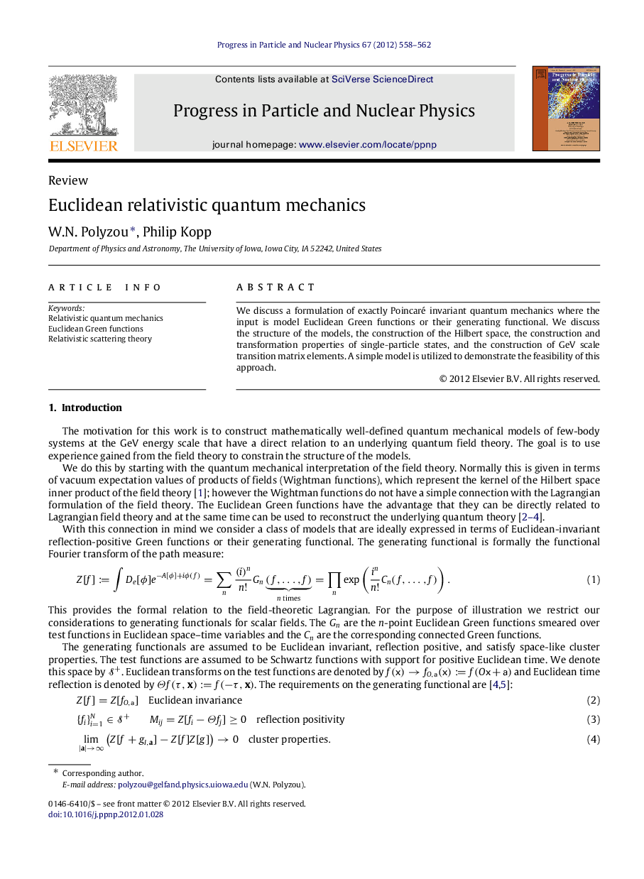 Euclidean relativistic quantum mechanics