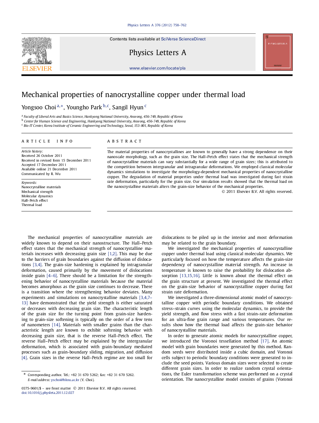 Mechanical properties of nanocrystalline copper under thermal load