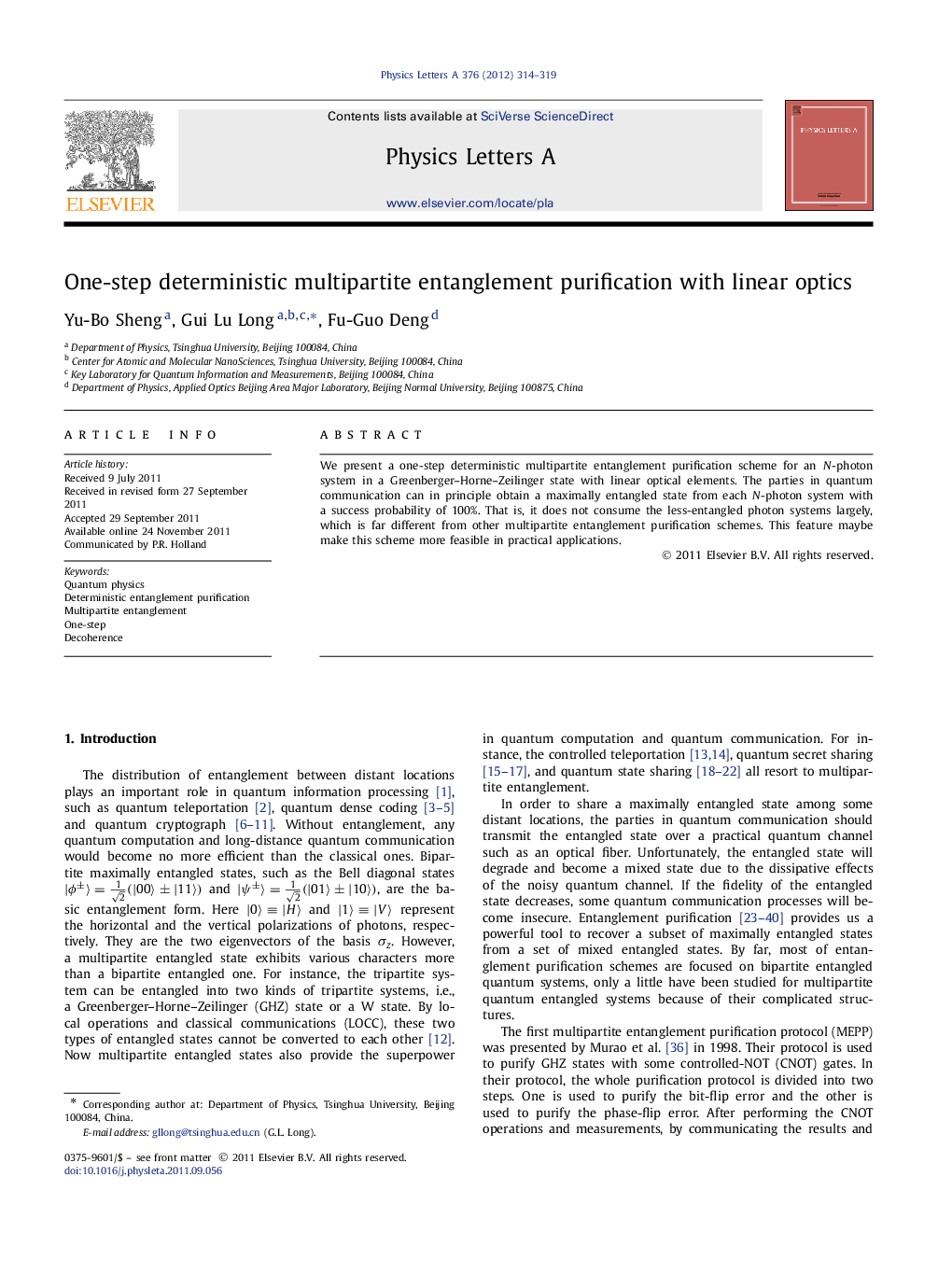عکس صفحه اول مقاله: One-step deterministic multipartite entanglement purification with linear optics One-step deterministic multipartite entanglement purification with linear optics