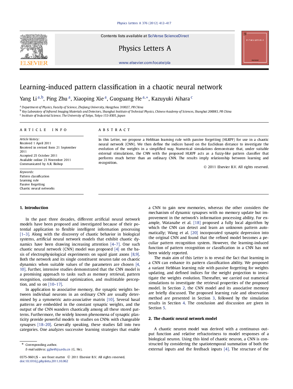 Learning-induced pattern classification in a chaotic neural network