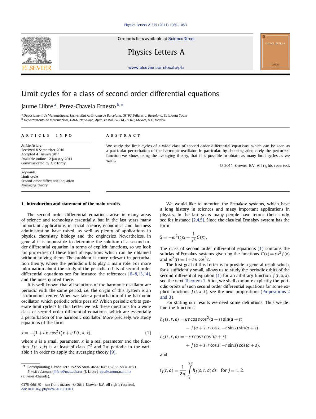 Limit cycles for a class of second order differential equations