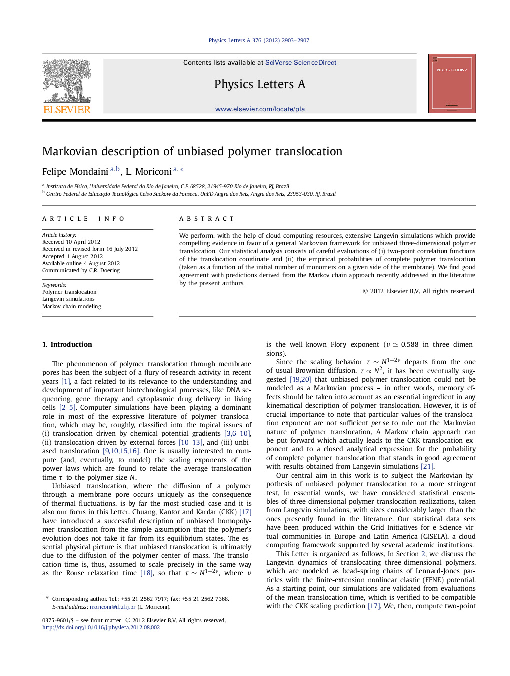 Markovian description of unbiased polymer translocation