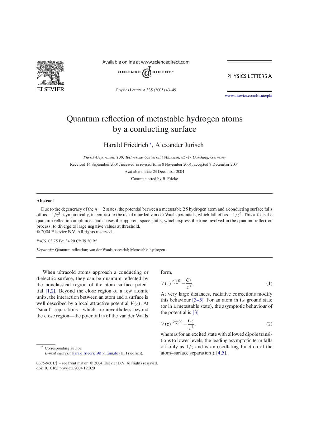 Quantum reflection of metastable hydrogen atoms by a conducting surface