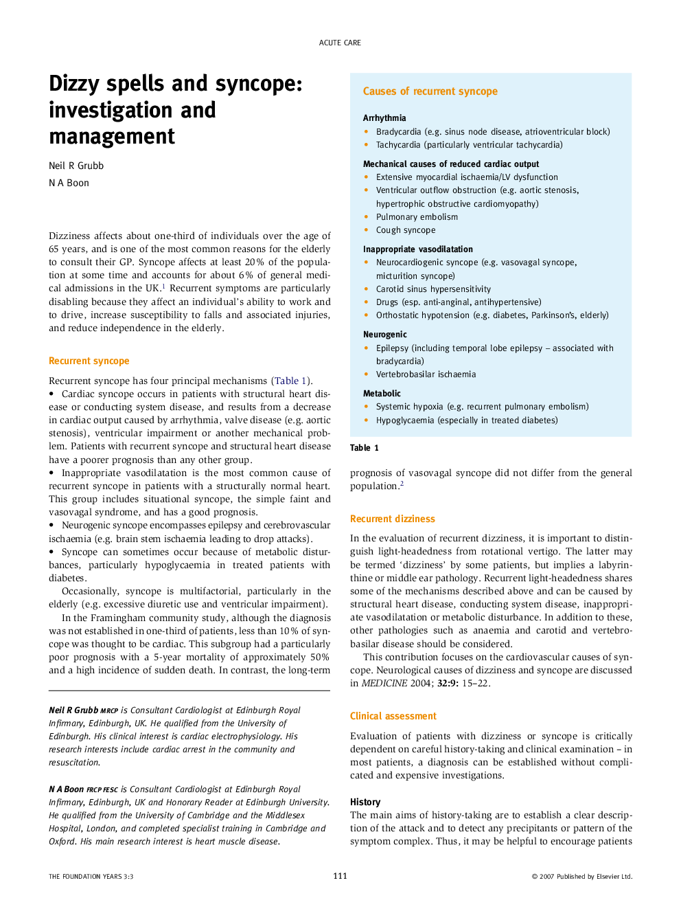 Dizzy spells and syncope: investigation and management