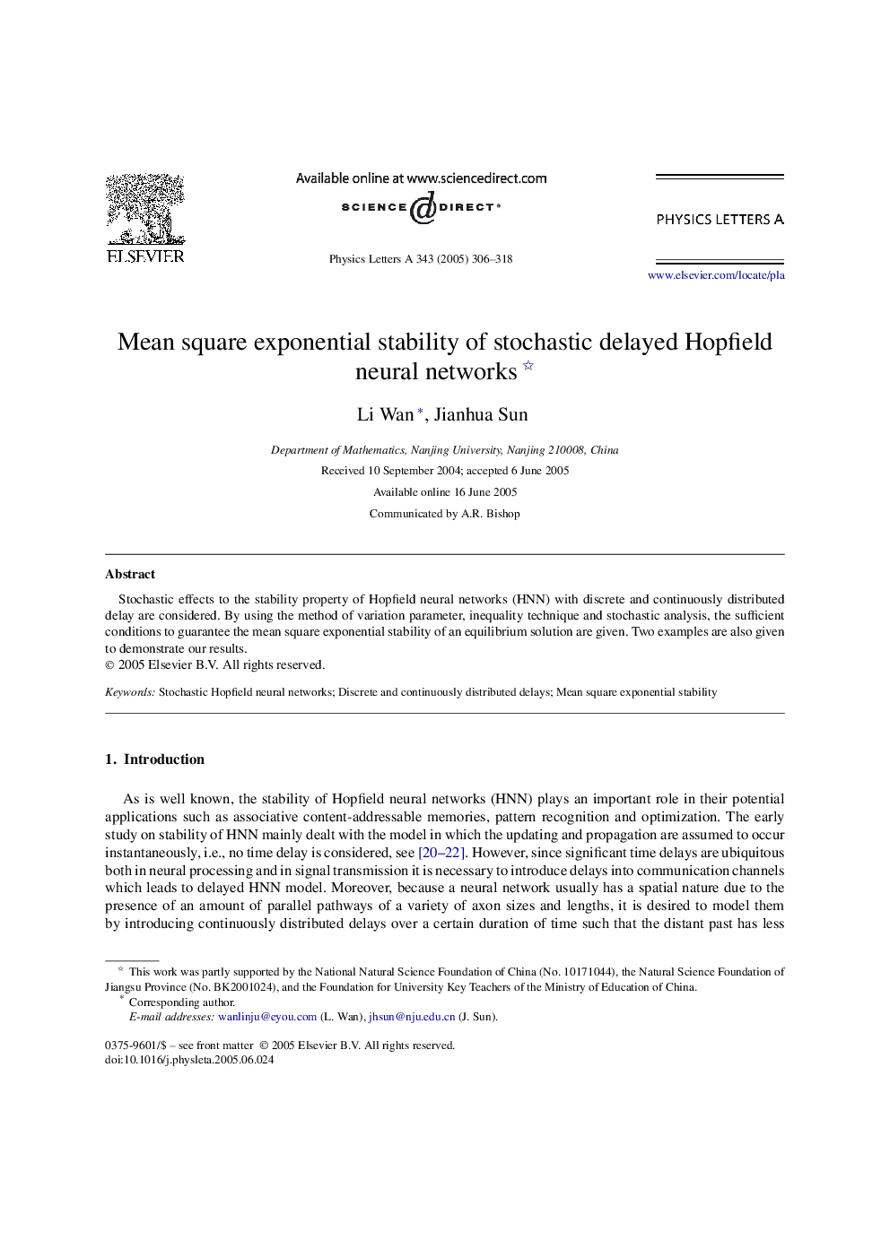 Mean square exponential stability of stochastic delayed Hopfield neural networks