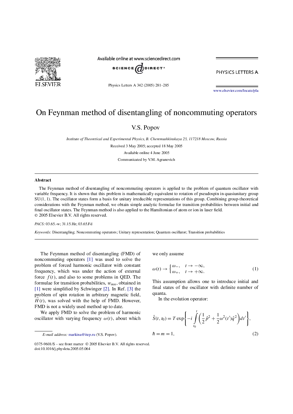 On Feynman method of disentangling of noncommuting operators