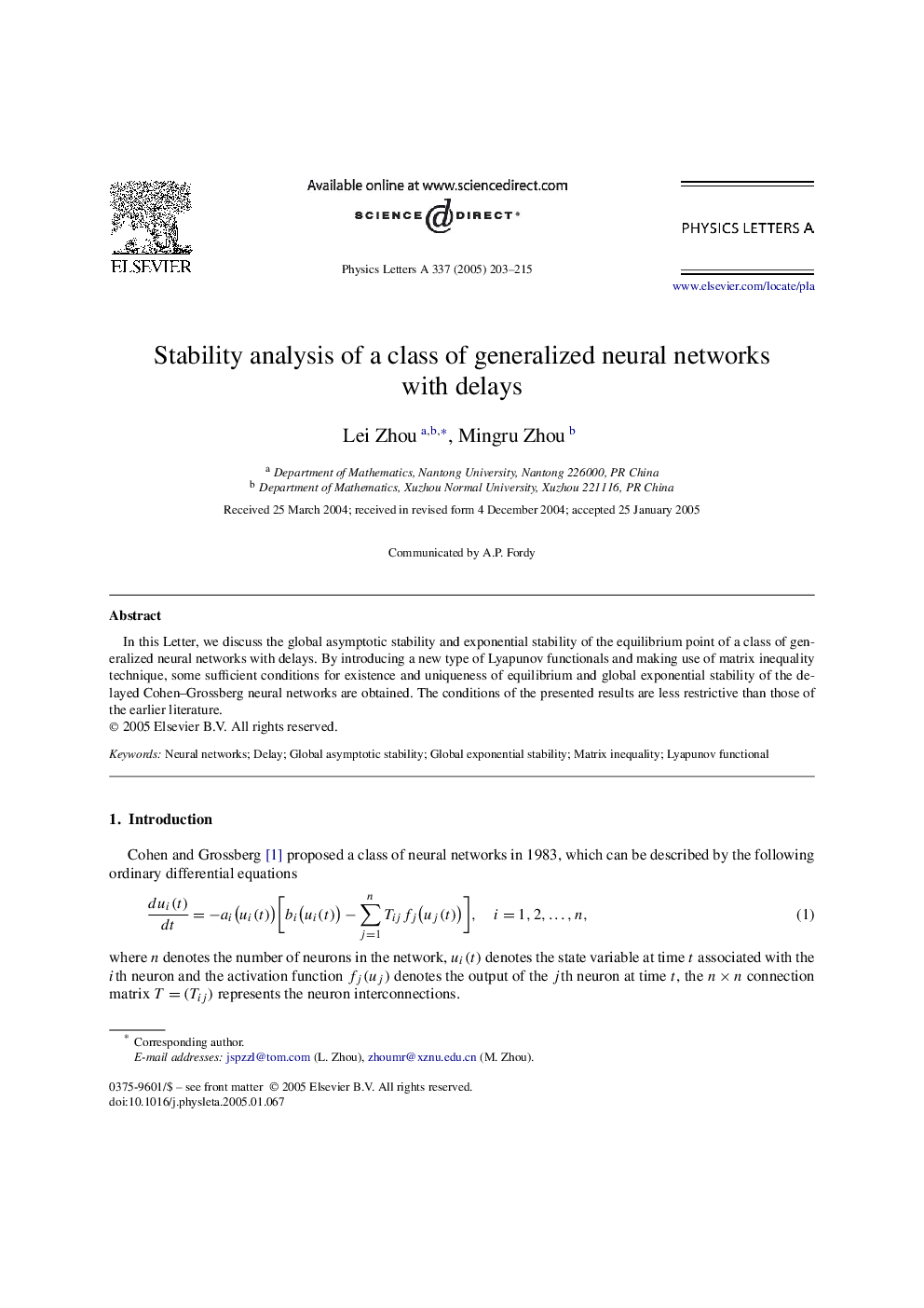 Stability analysis of a class of generalized neural networks with delays