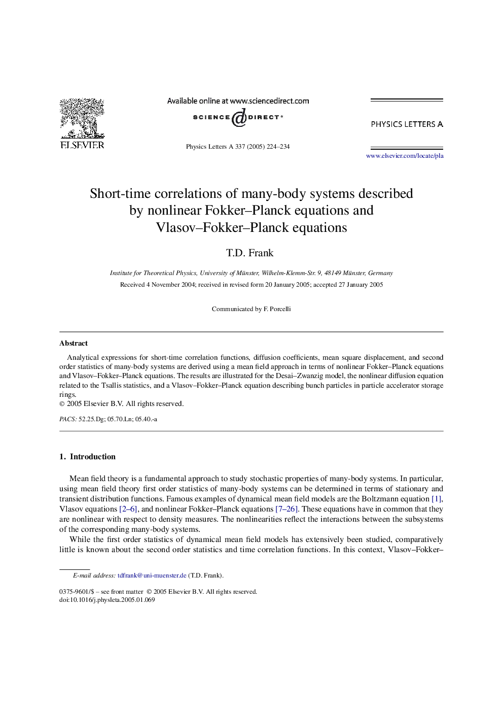 Short-time correlations of many-body systems described by nonlinear Fokker-Planck equations and Vlasov-Fokker-Planck equations