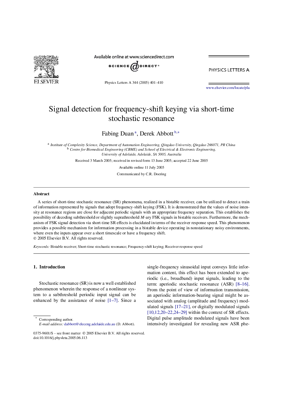 Signal detection for frequency-shift keying via short-time stochastic resonance