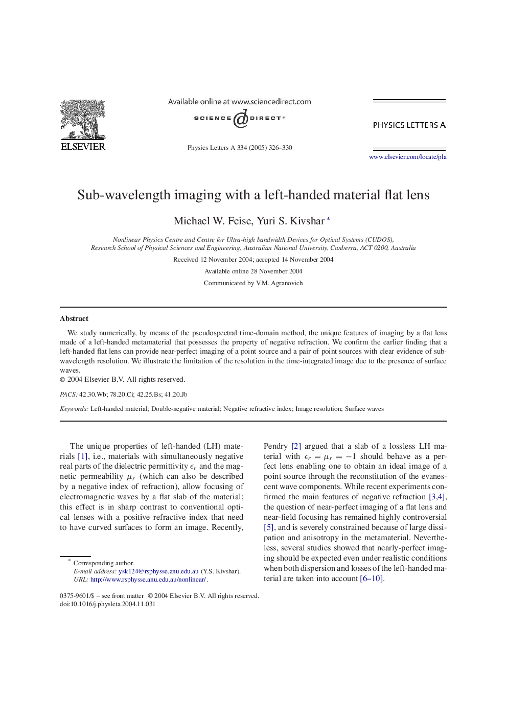 Sub-wavelength imaging with a left-handed material flat lens