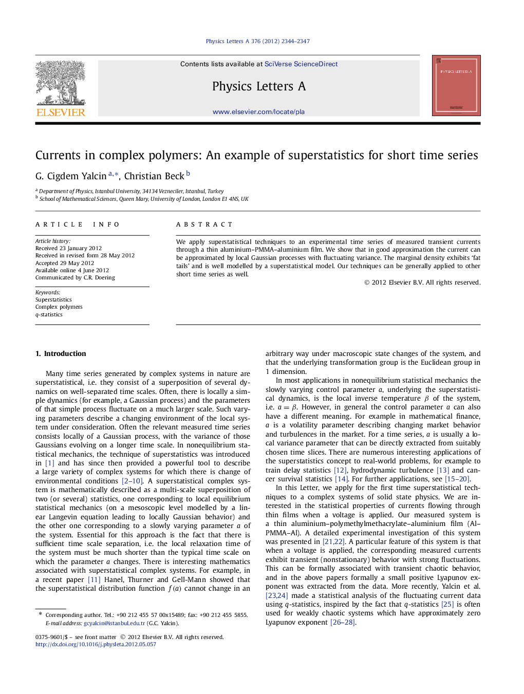 Currents in complex polymers: An example of superstatistics for short time series