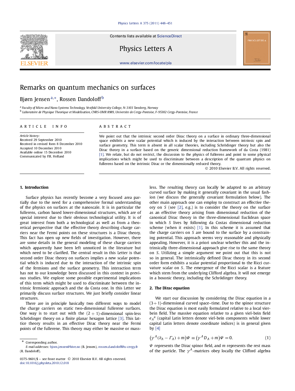 Remarks on quantum mechanics on surfaces