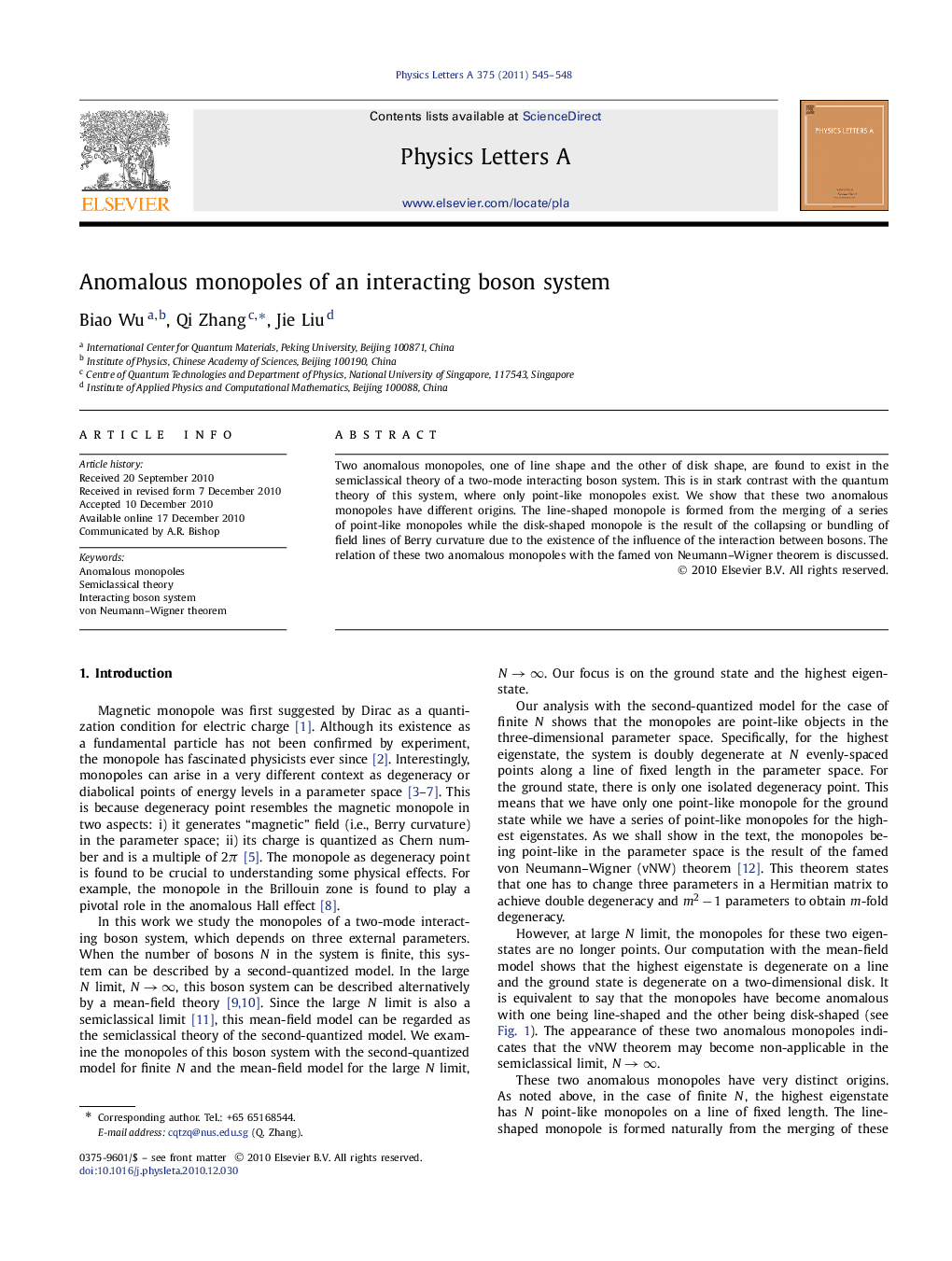 Anomalous monopoles of an interacting boson system