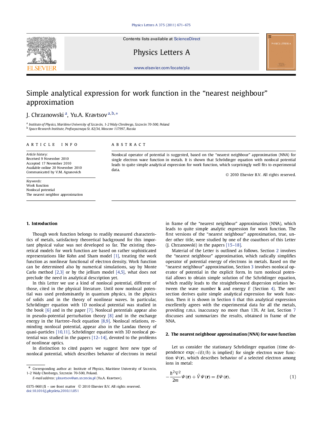 Simple analytical expression for work function in the “nearest neighbour” approximation