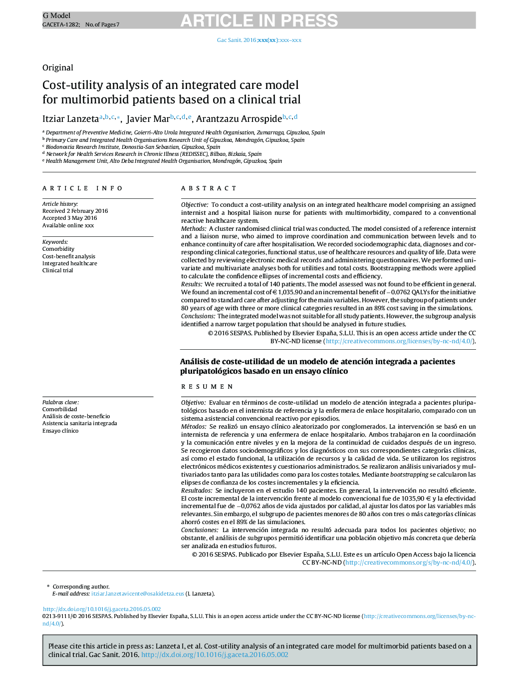 Cost-utility analysis of an integrated care model for multimorbid patients based on a clinical trial