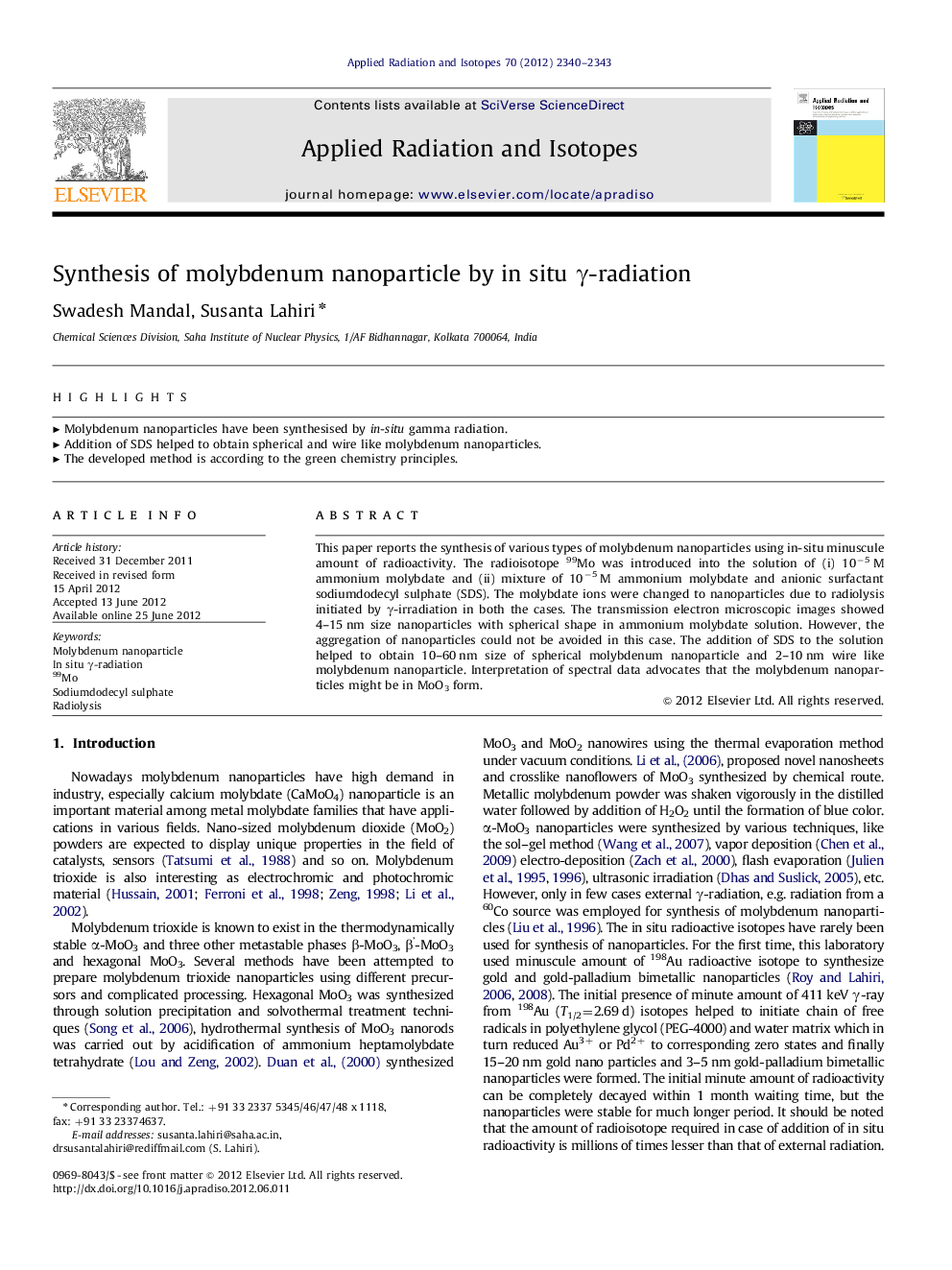 Synthesis of molybdenum nanoparticle by in situ Î³-radiation